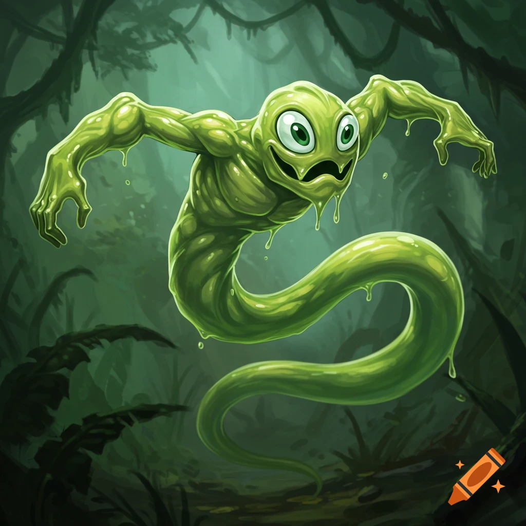 A cartoonish green slime creature with arms floats in a dark, swampy forest.