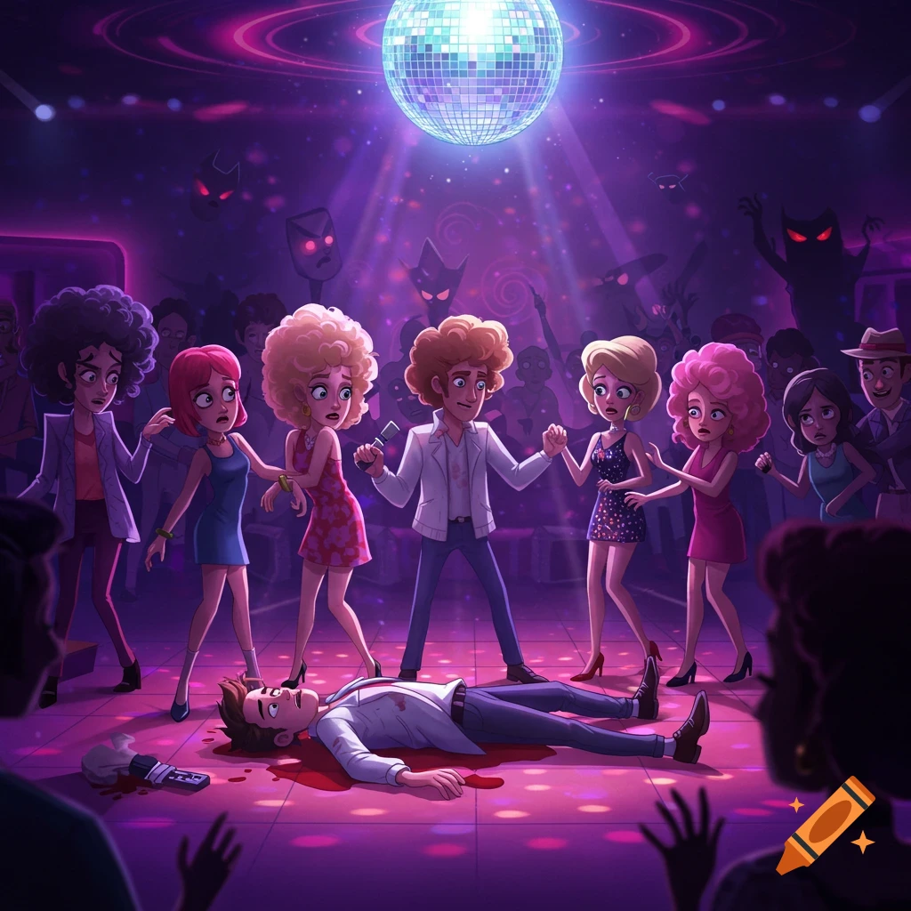 Animated 80s disco scene with characters gathered around a body on the floor, a disco ball overhead, and lurking figures in the background.