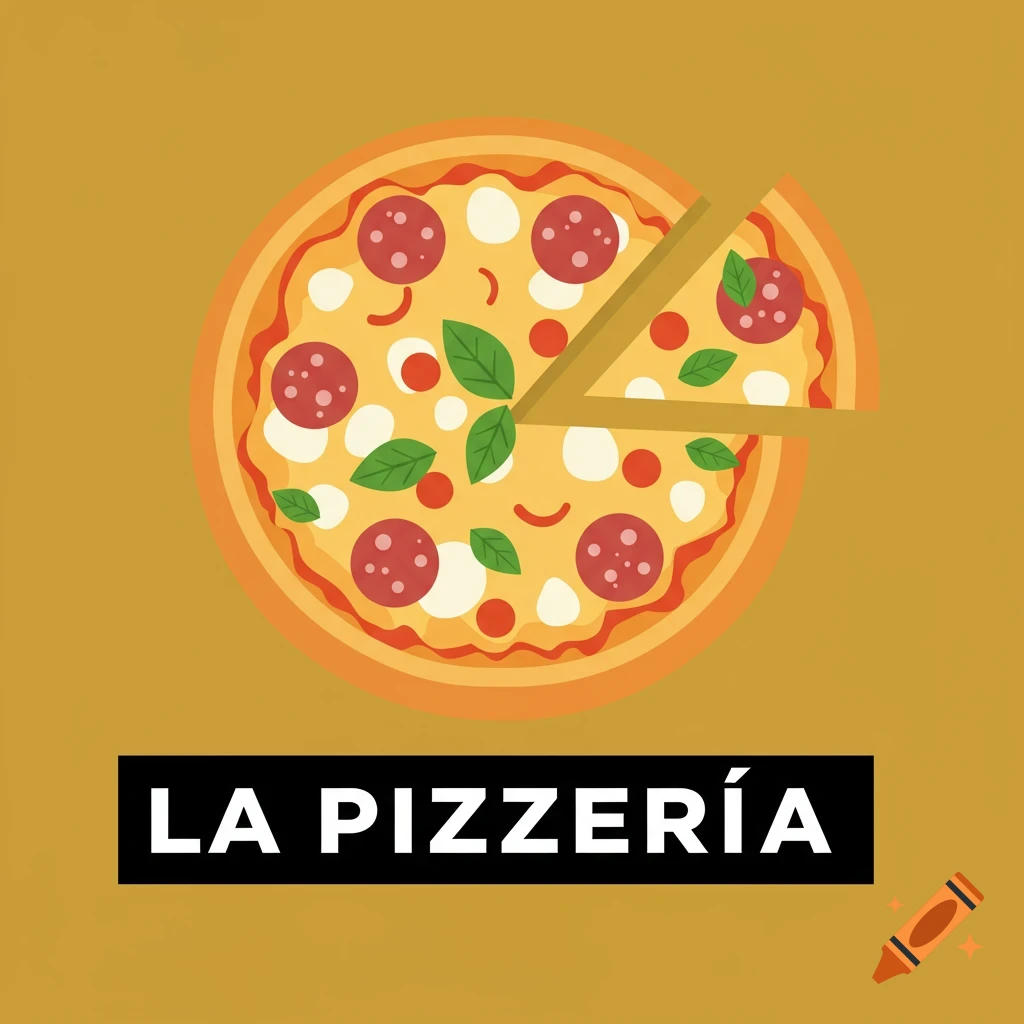 Flat design logo for La Pizzería featuring a pizza with pepperoni and basil, and text on a black rectangle.