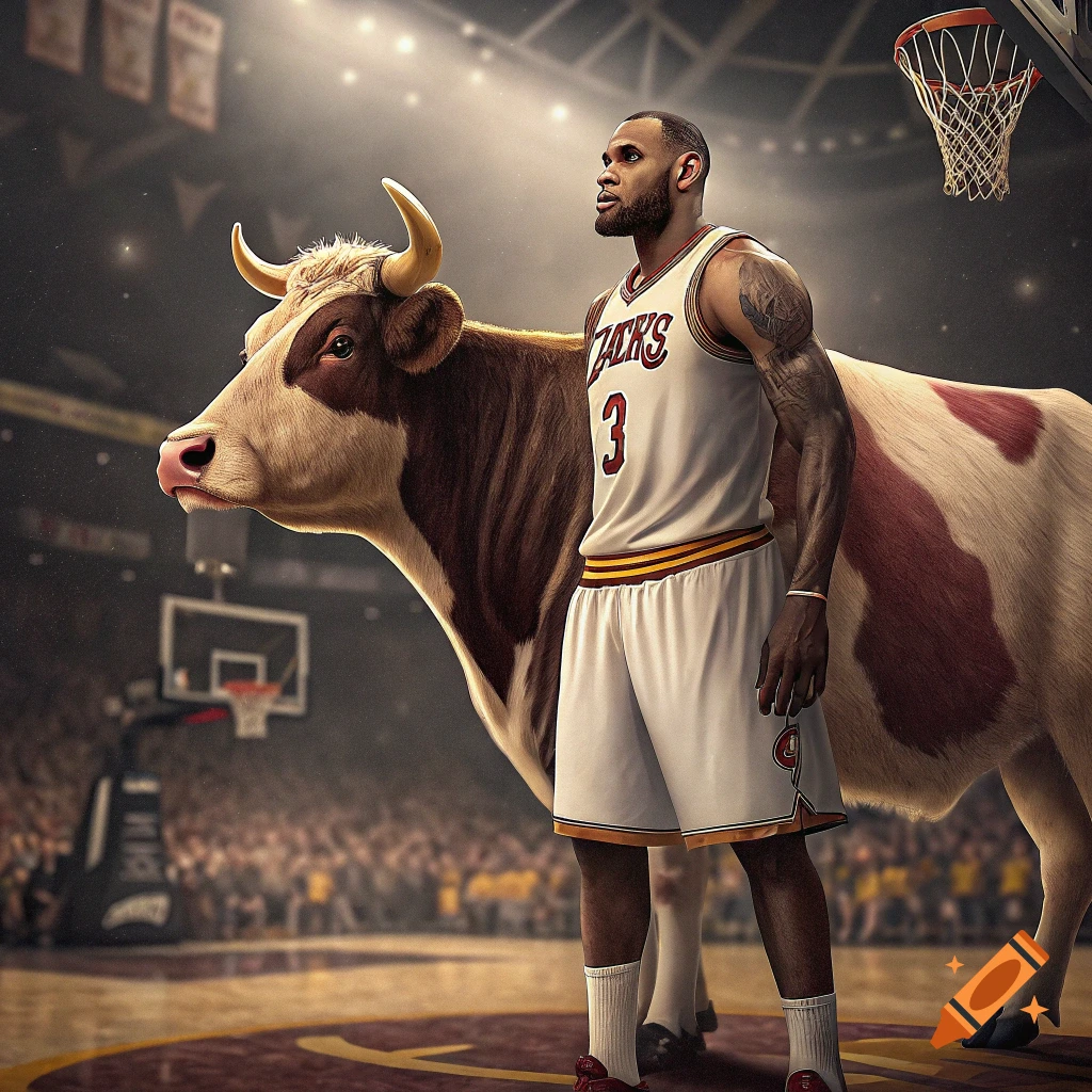 LeBron James stands next to a cow on a basketball court, wearing a jersey with number 3.