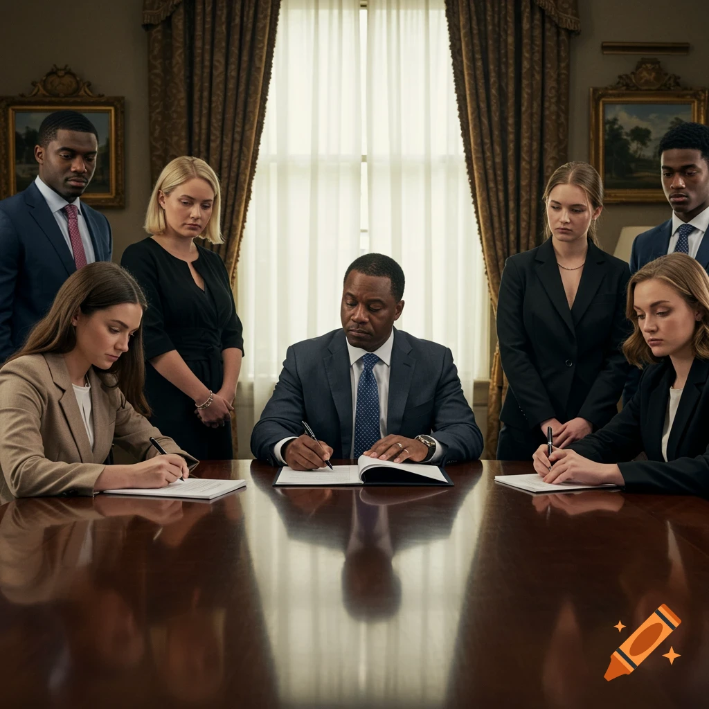 A group of people in business attire gathered around a table, signing documents in a formal room.