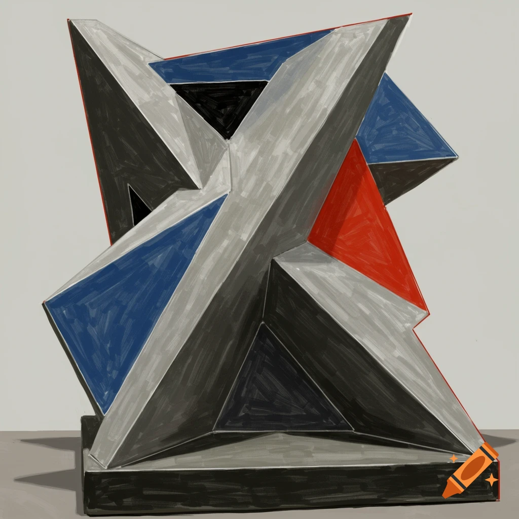 A geometric abstract sculpture with sharp angles and intersecting planes of gray, blue, and red.