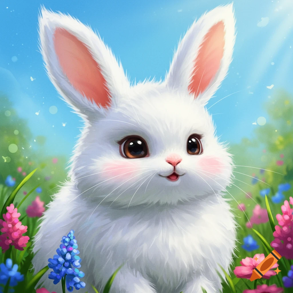 Cute fluffy white bunny sitting in a field of colorful flowers under a sunny blue sky.