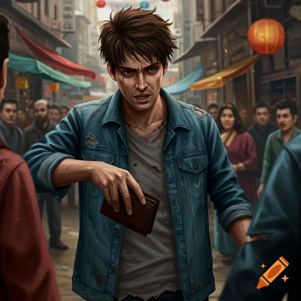 A roughed-up man holding a wallet in a busy street.
