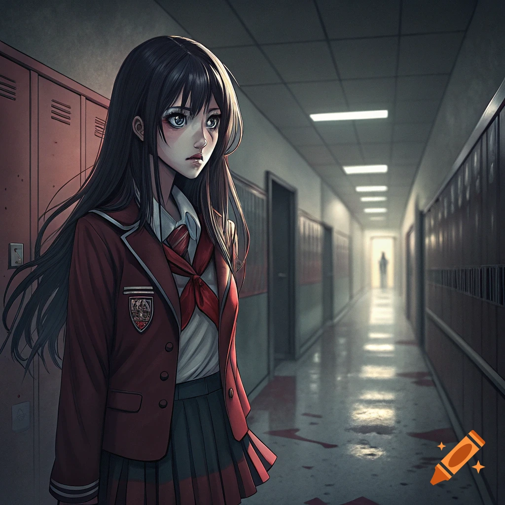 Anime girl in school uniform in a dark hallway with bloodstains on the floor.