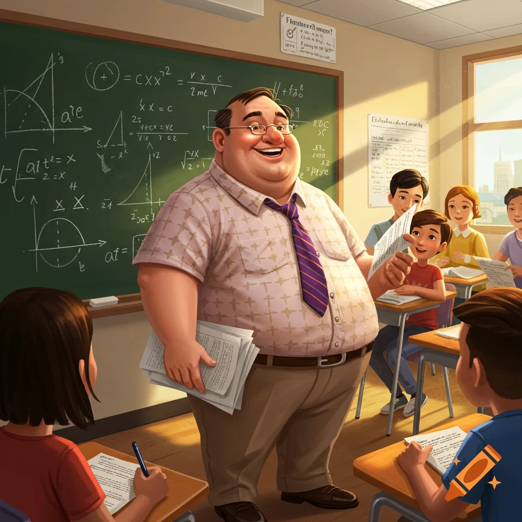 A smiling math teacher holding papers in a classroom with students.