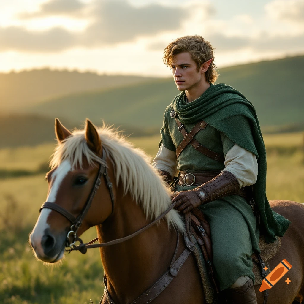 A young man in a green tunic rides a brown horse through sunlit grasslands.