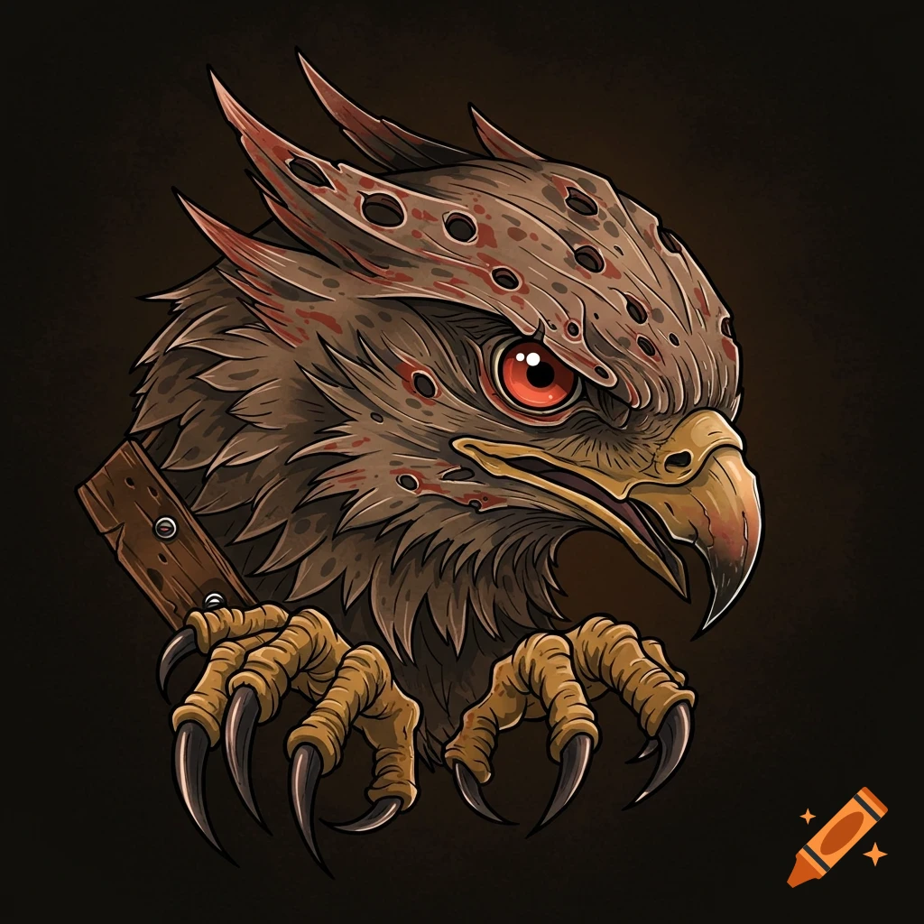 Stylized depiction of a bird's head and talons with wounds, like a tattoo design.