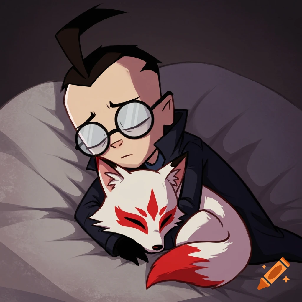 Dib from Invader Zim sleeping with a kitsune pup in a cartoon style.