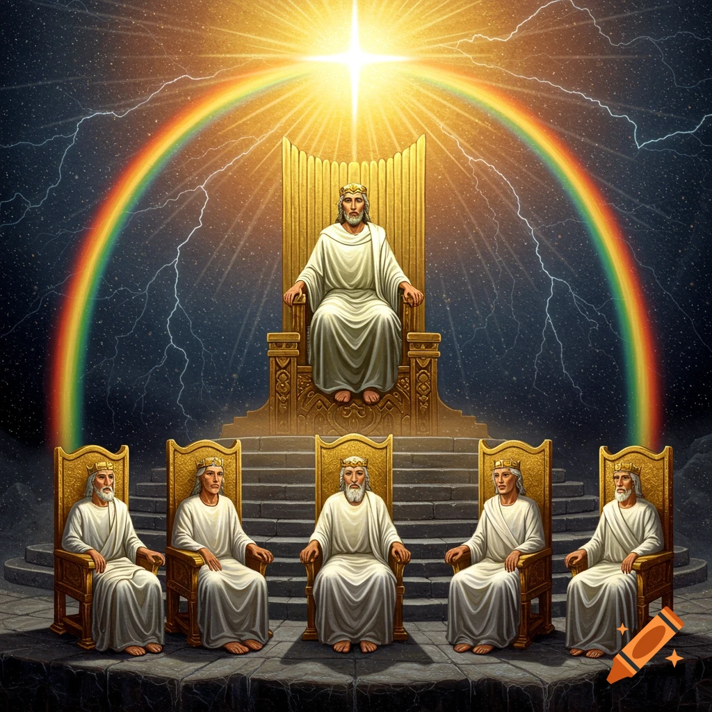 A divine figure sits on a throne with elders around, a rainbow arches in the sky, lightning strikes, and bright light shines.