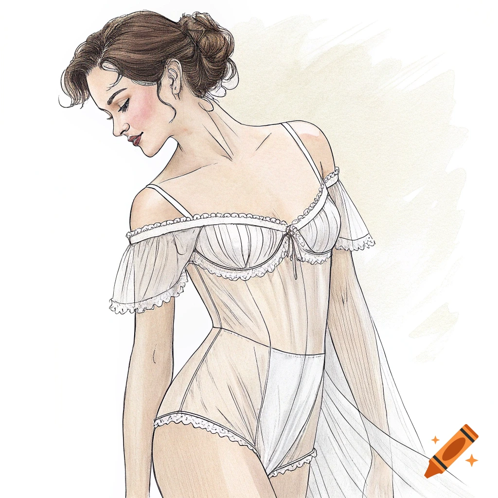 A sensual sketch of a woman in historical sheer lingerie, looking down over her shoulder.