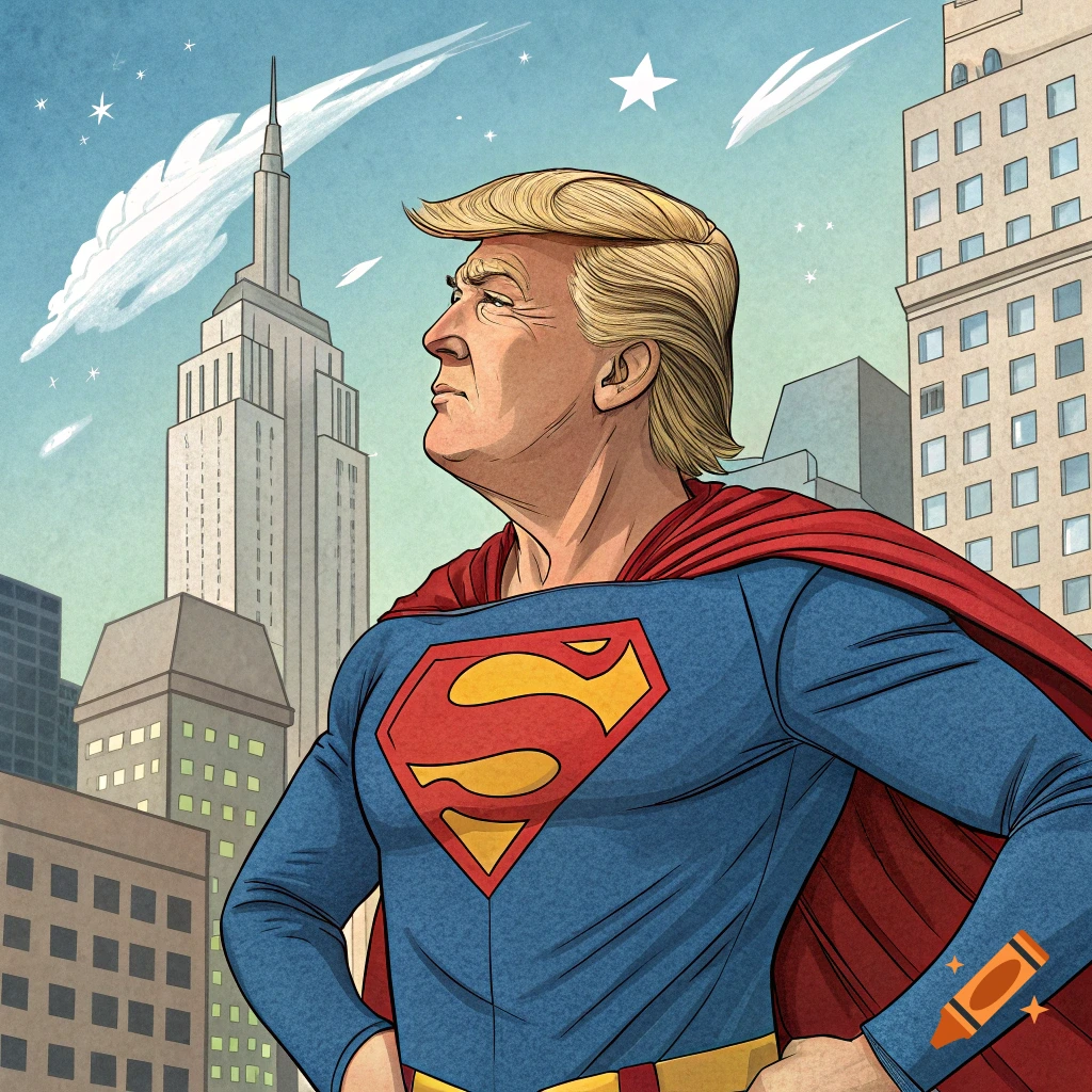 Cartoon illustration of Donald Trump wearing a Superman costume in a city.