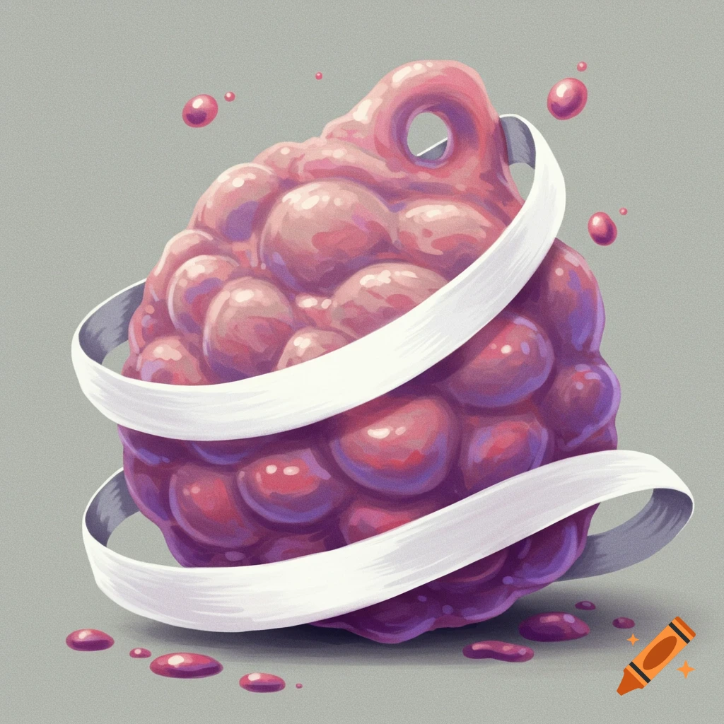 A pink blob-like object wrapped in white ribbons.