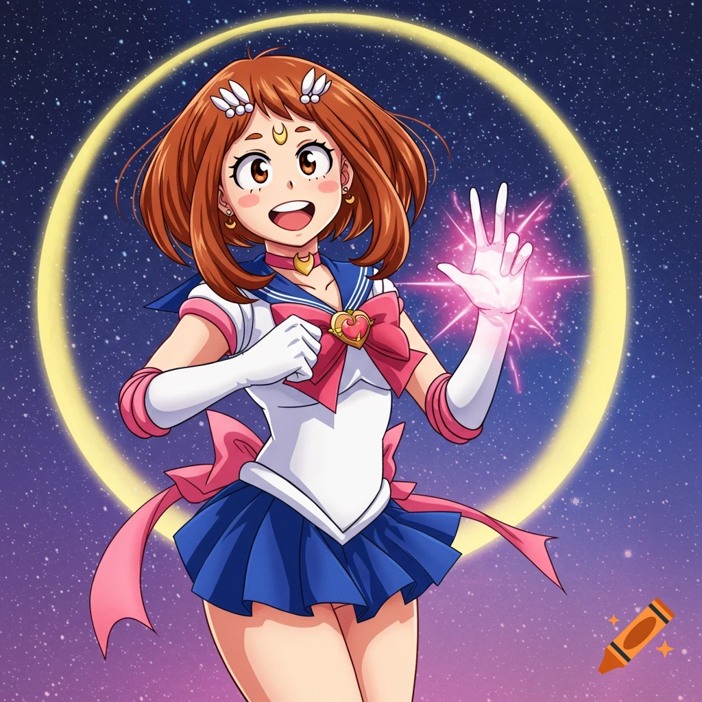Anime character dressed as Sailor Moon against a starry night sky with a crescent moon.