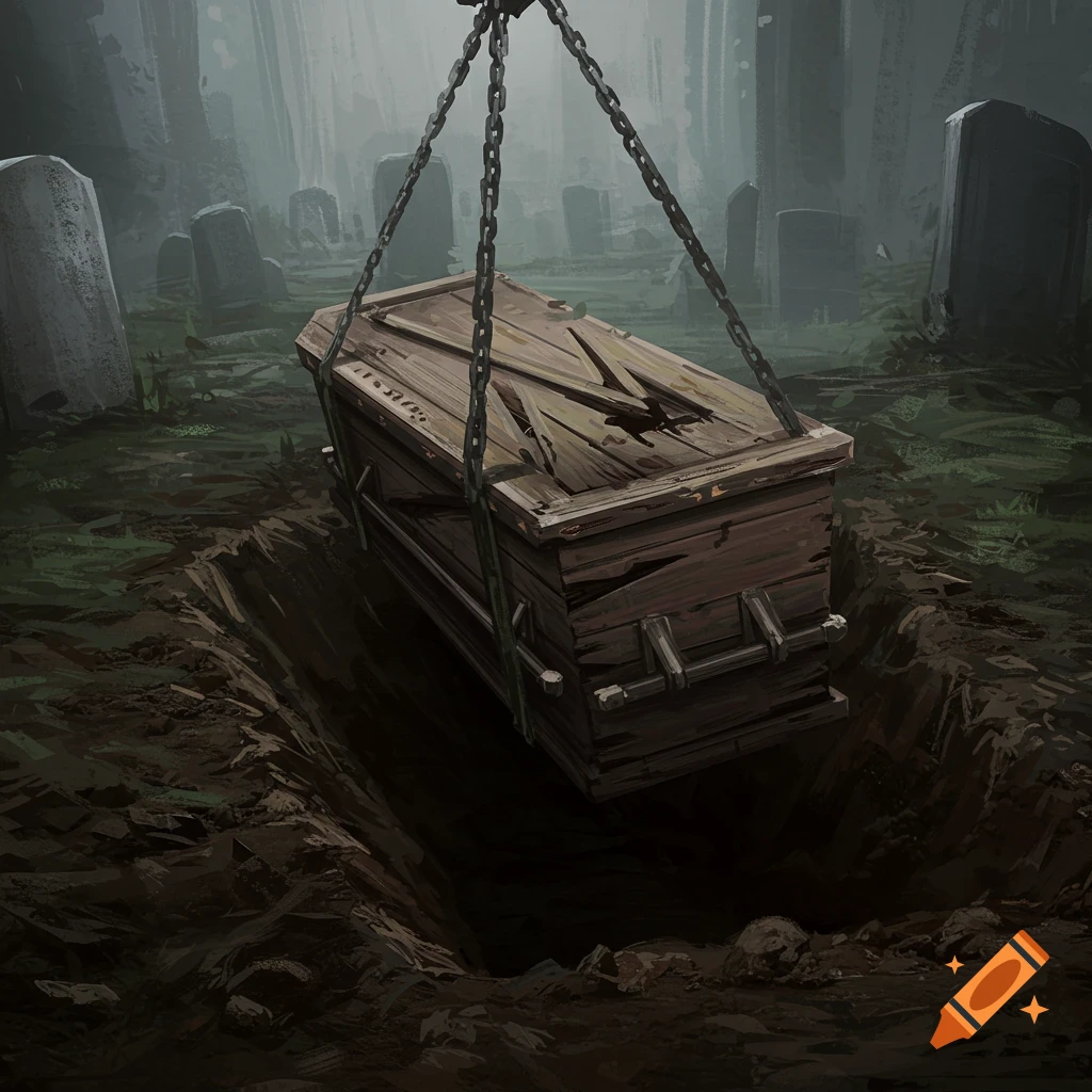 A beaten wooden coffin is lowered into a grave in a dark graveyard.