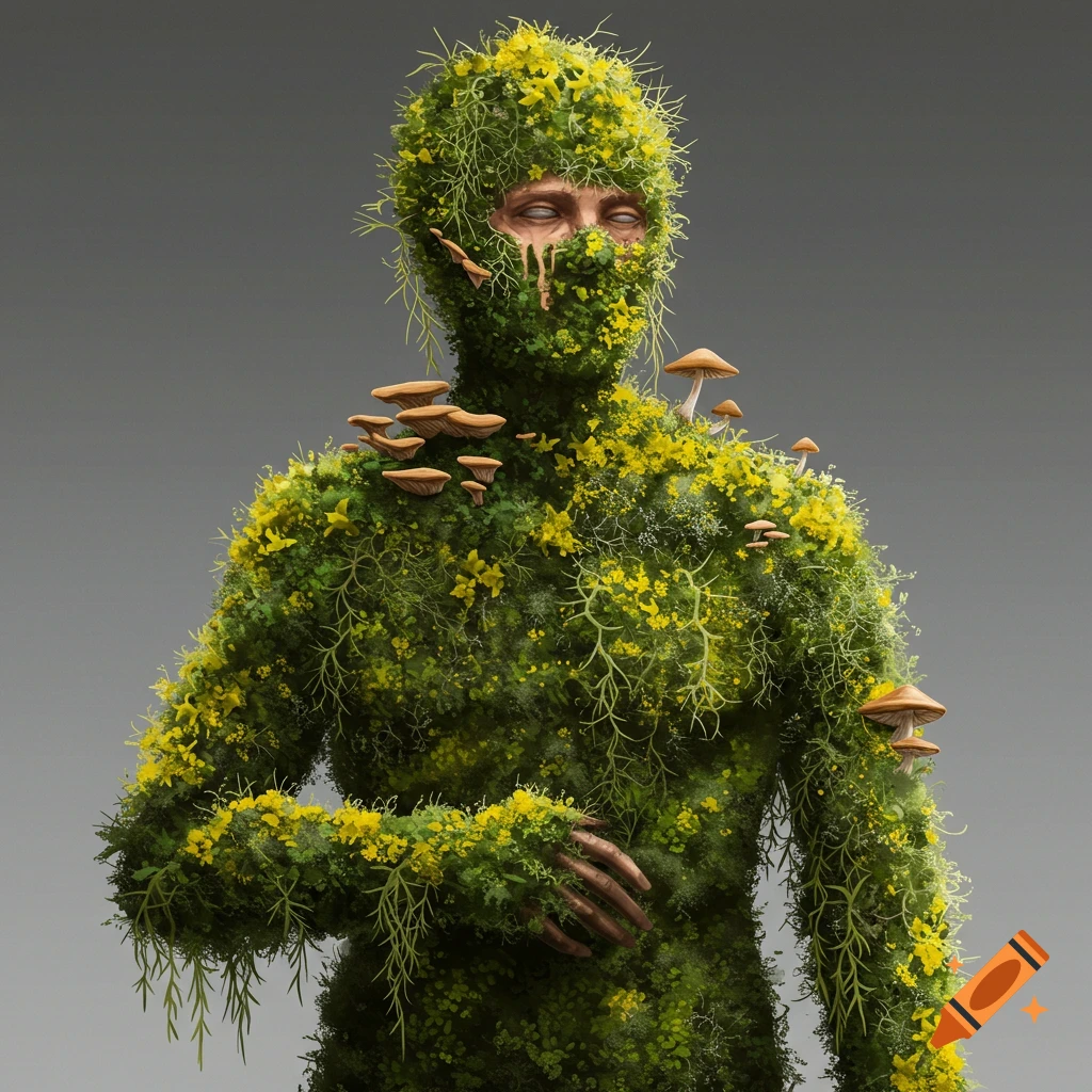 A human figure covered in green moss, yellow flowers, and brown mushrooms stands against a gray background.