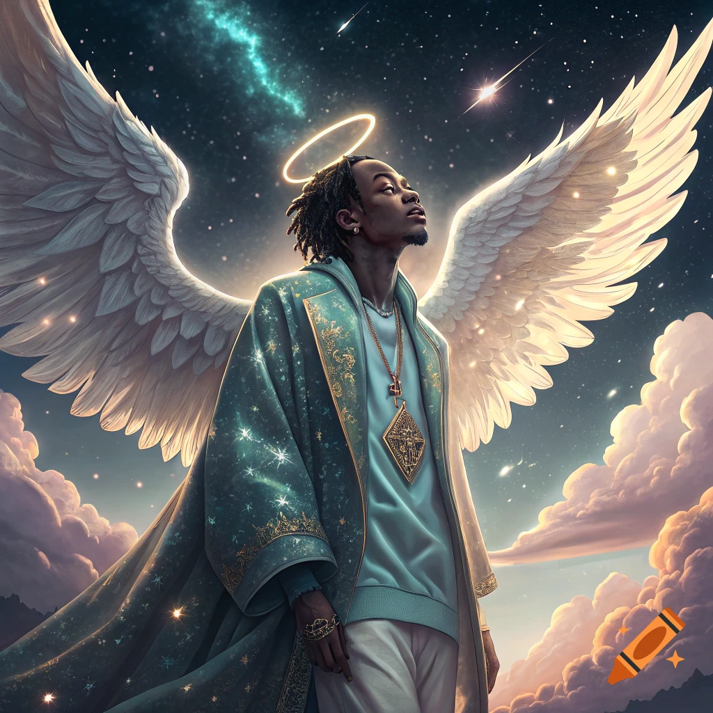 A person with dreadlocks, large angel wings, and a halo looks up at the stars in a celestial sky.
