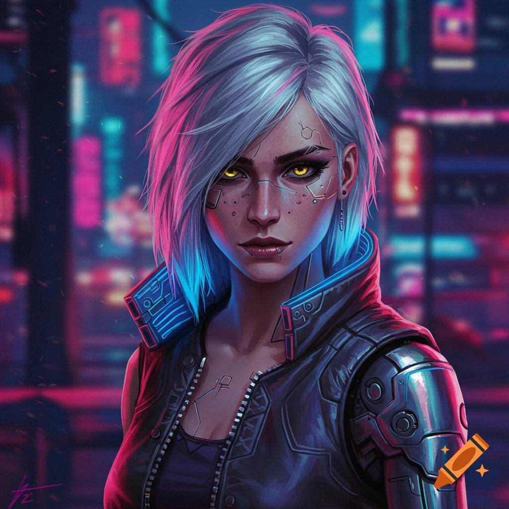 Portrait of a woman with white hair, yellow eyes, and cybernetic implants in a neon cyberpunk city.