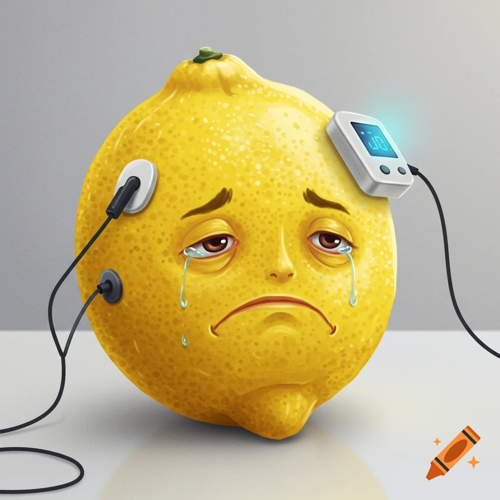 A sad, crying lemon with wires and a device attached to its head.