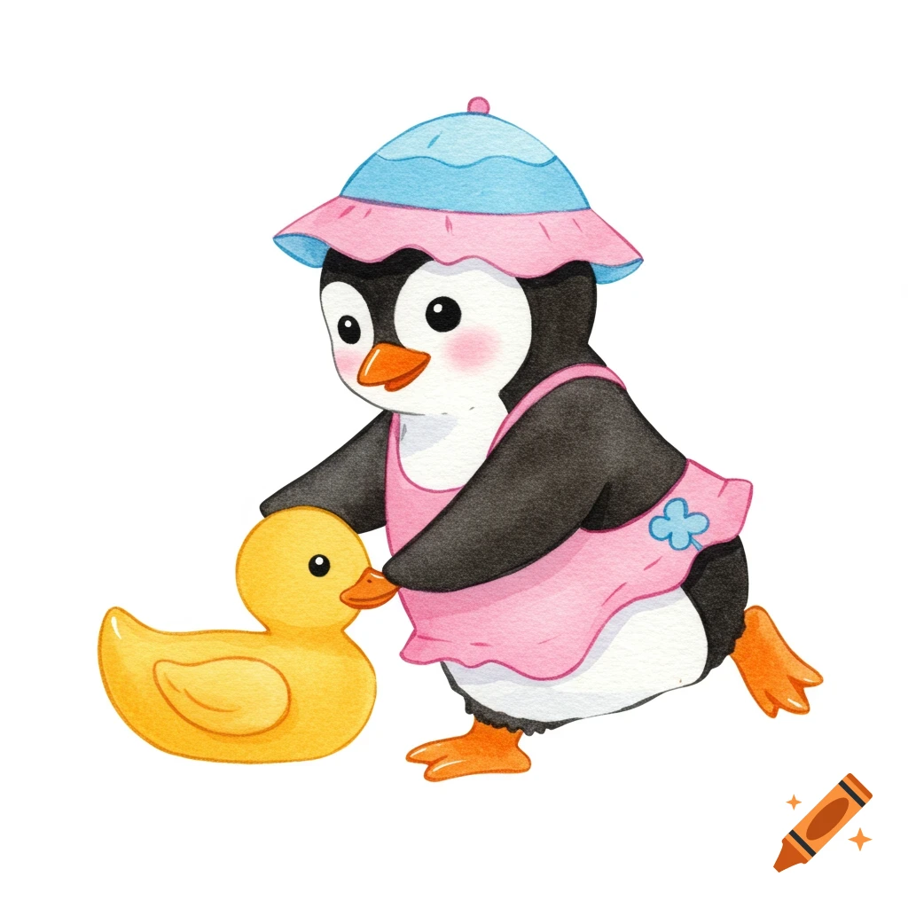 Watercolor illustration of a penguin in a pink bathing suit and hat playing with a yellow rubber duck on a white background.