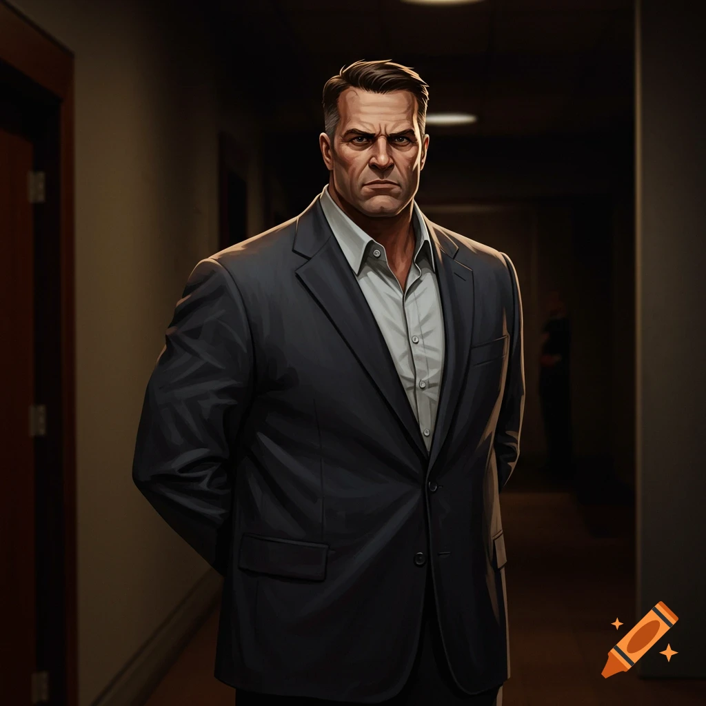 A stern man in a suit is standing in a hallway with his hands behind his back.