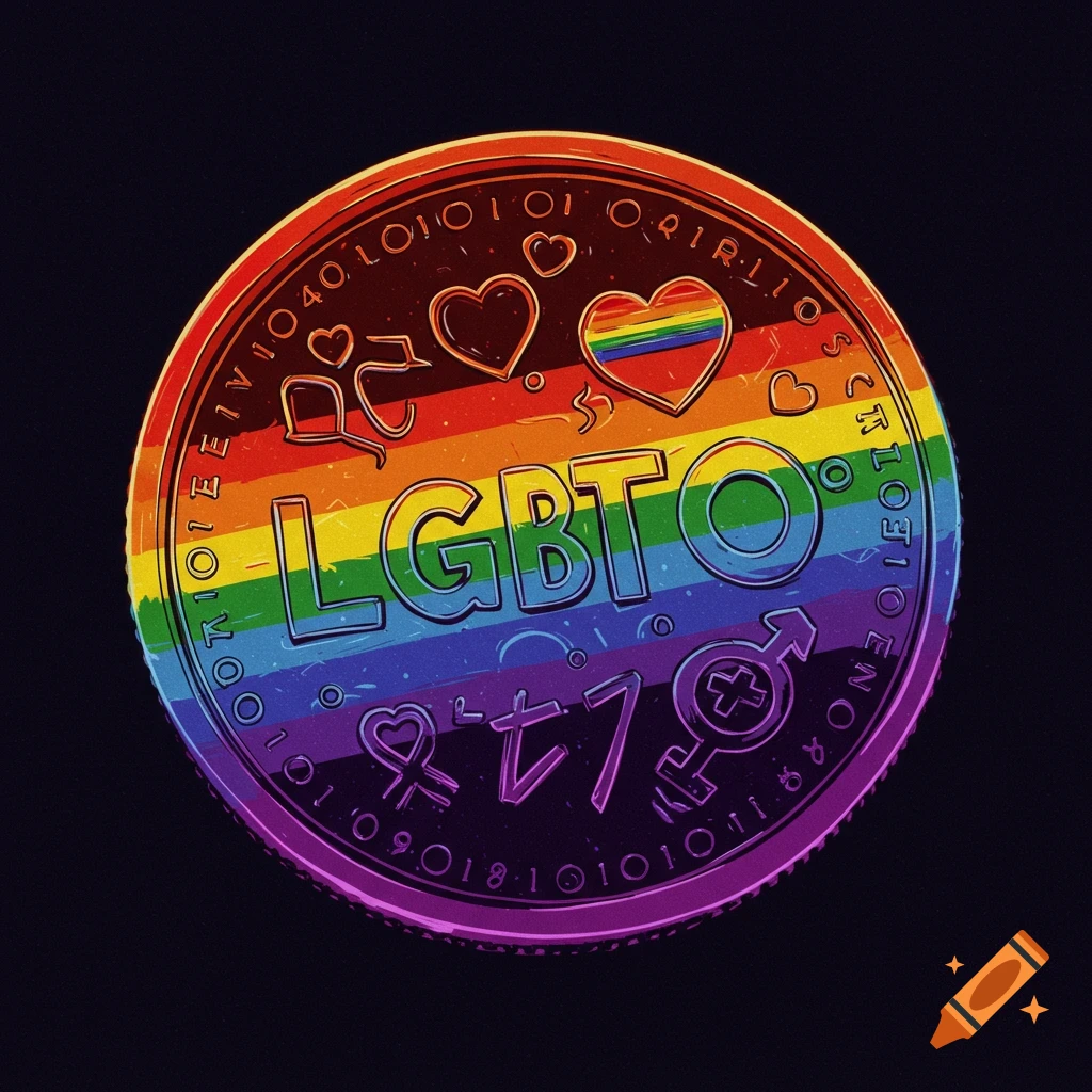 A coin with a rainbow pride flag design, featuring the text "LGBTQ" and various symbols.