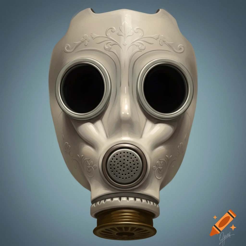 A detailed white gas mask with embossed patterns on a blue background.