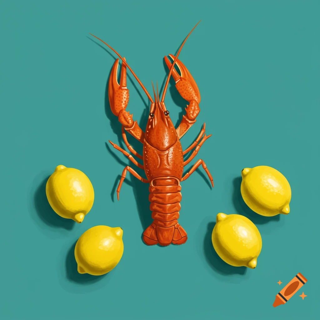 A crawfish surrounded by lemons on a teal background.