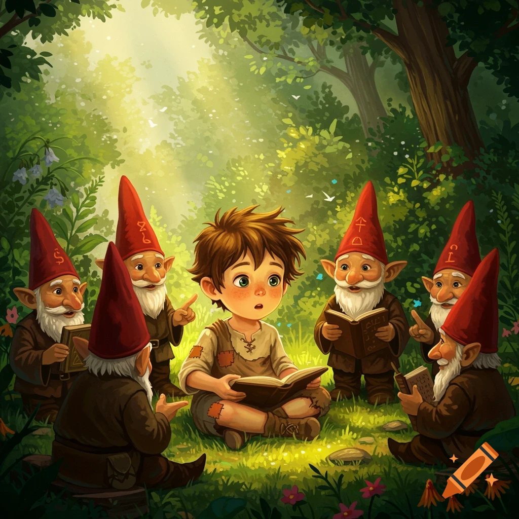 A whimsical image of a boy reading with gnomes in a forest clearing.