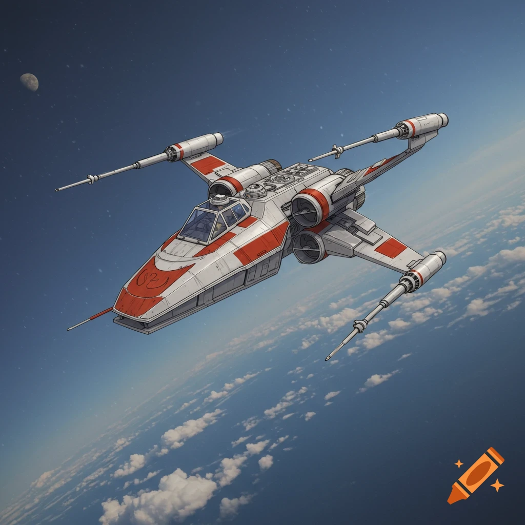 A Star Wars X-wing style spaceship flying above clouds with a moon in the sky.