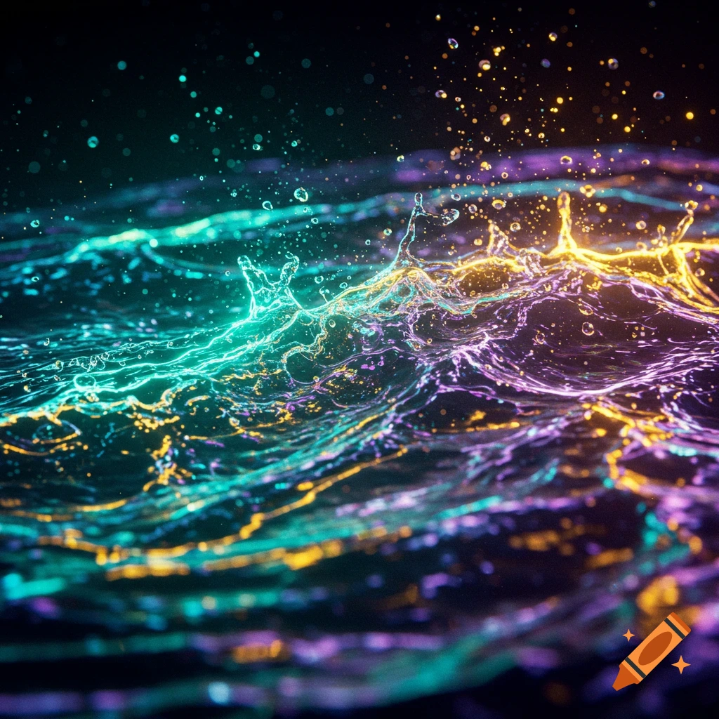 glowing neon energy waves in water