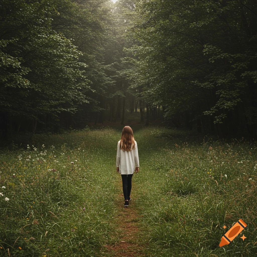 Person walking on a path into a dark forest.