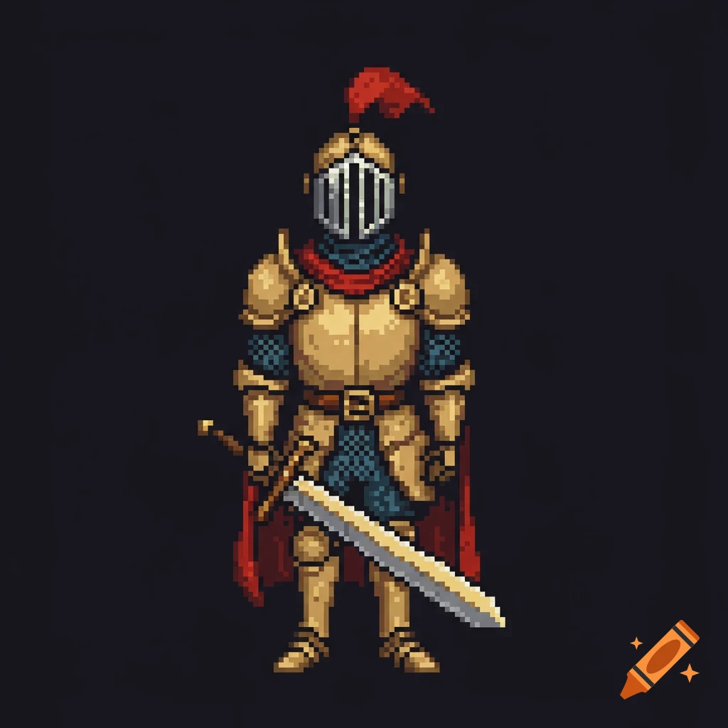 Pixel art drawing of a standing knight in gold armor with a sword.