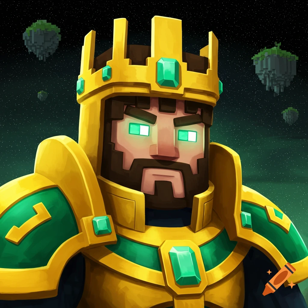 A blocky king in gold and green armor with glowing eyes in space with floating islands.