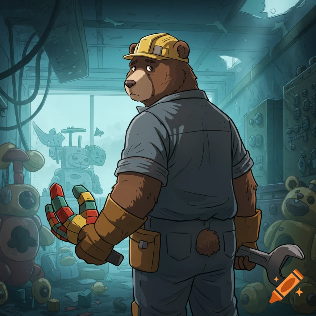 Cartoon bear character in hard hat and work clothes holds a block hand and wrench in an abandoned toy factory.
