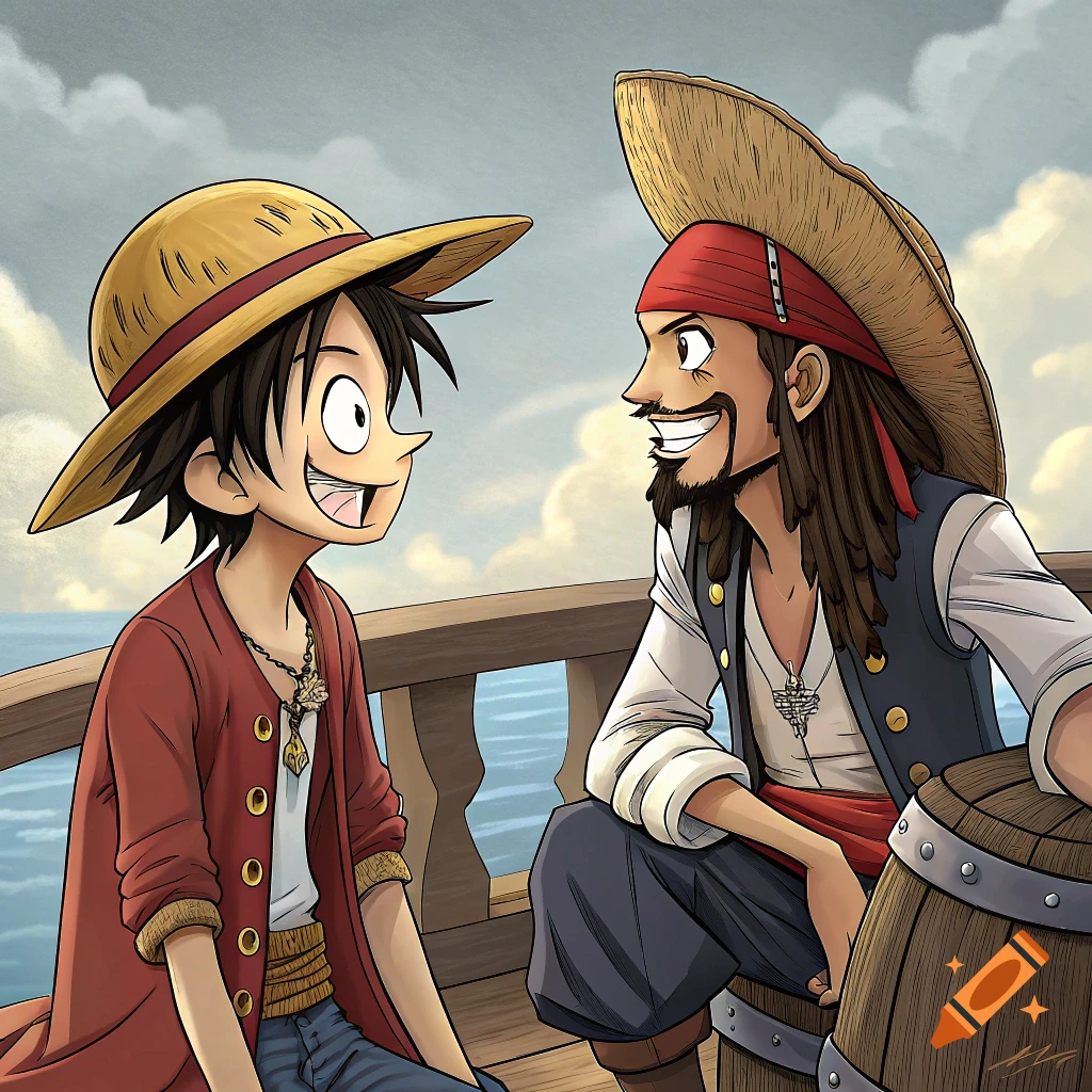 Anime style drawing of Monkey D. Luffy and Captain Jack Sparrow sitting on a ship railing.