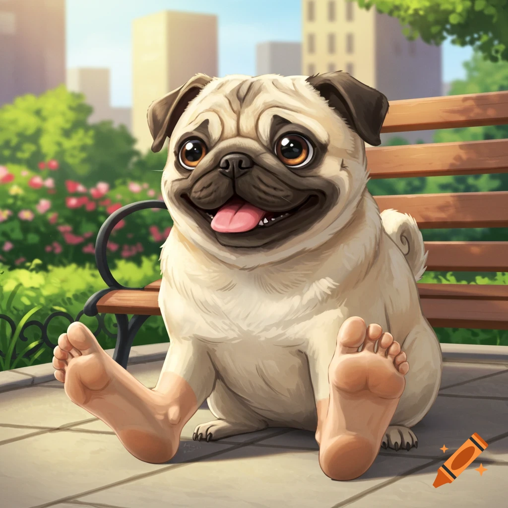 A happy pug with human feet sits on a park bench