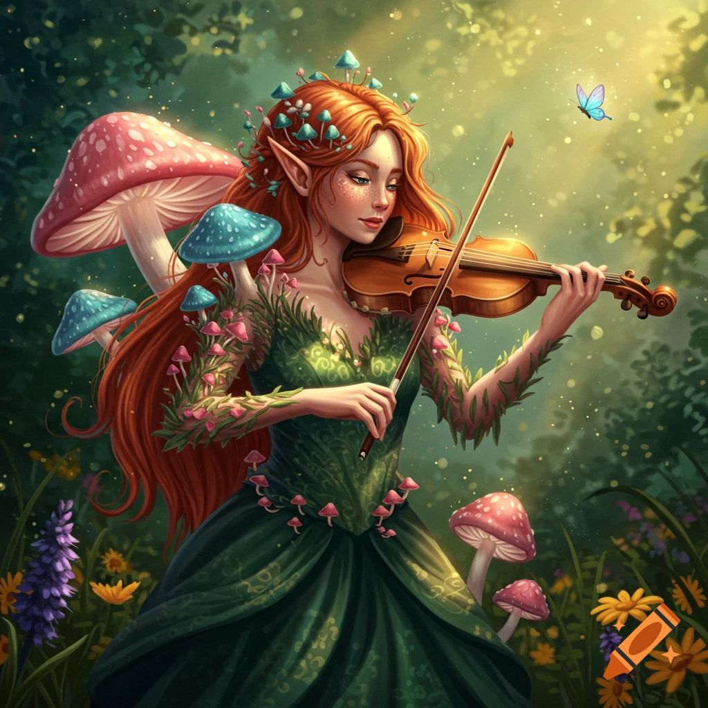A red-haired elf playing a violin in a forest with large mushrooms.