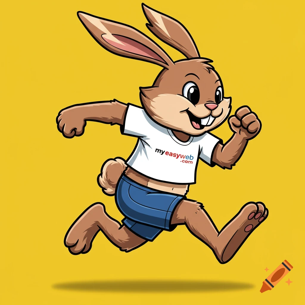 Running cartoon bunny mascot wearing a white t-shirt with 'myeasyweb.com' on it.