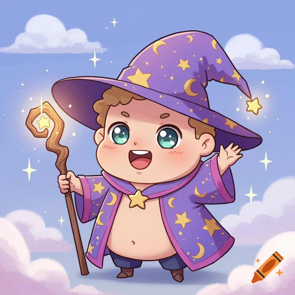 A cartoon chibi wizard in a purple hat and robe with stars and moons, holding a glowing staff among clouds and stars.