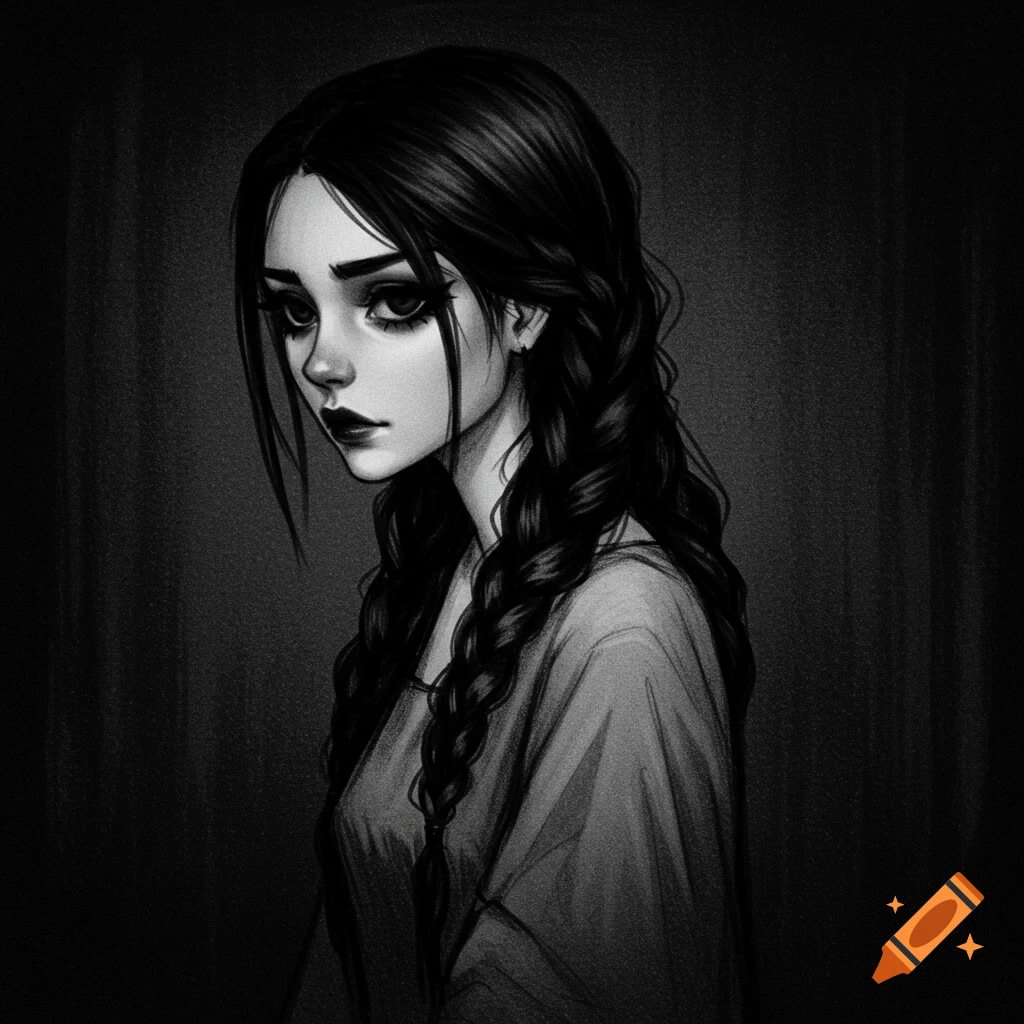 Black and white sketch portrait of a girl with braided hair