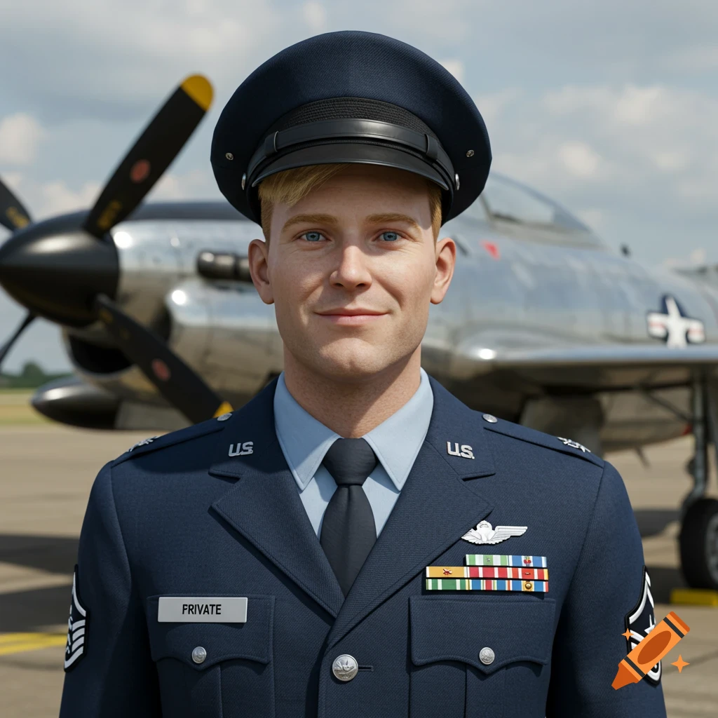 A man in a blue US Air Force uniform with 'PRIVATE' on his nametag stands in front of an aircraft