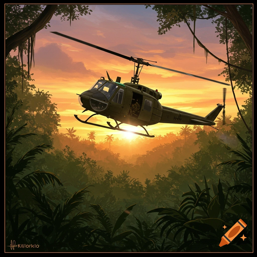 A Huey helicopter is flying over a dense jungle canopy at sunset.