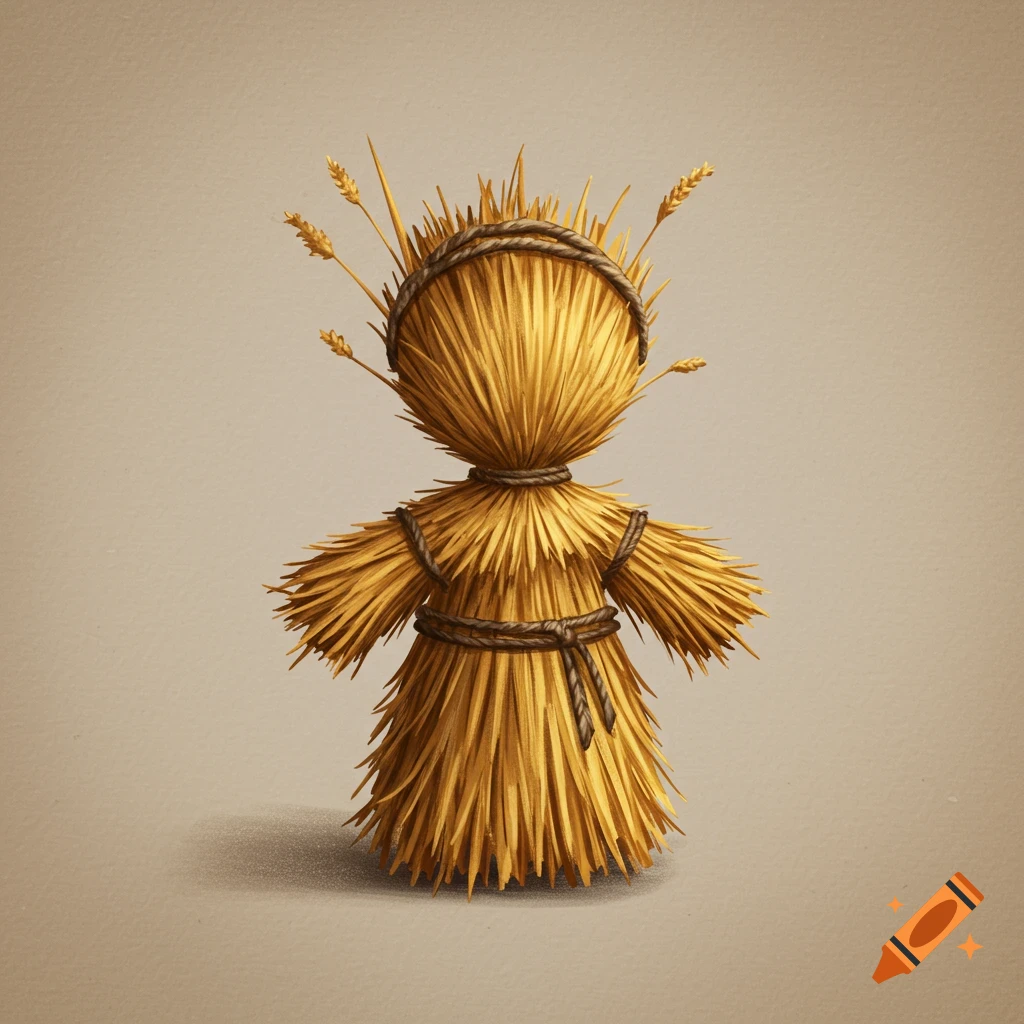 A small doll made from straw and tied with twine, standing against a neutral background.