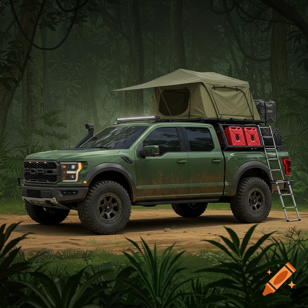 A green Ford F-150 Raptor overland truck with a roof tent in a jungle setting.
