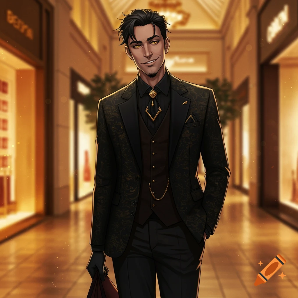 Anime illustration of a man in a suit with yellow eyes walking in a mall.