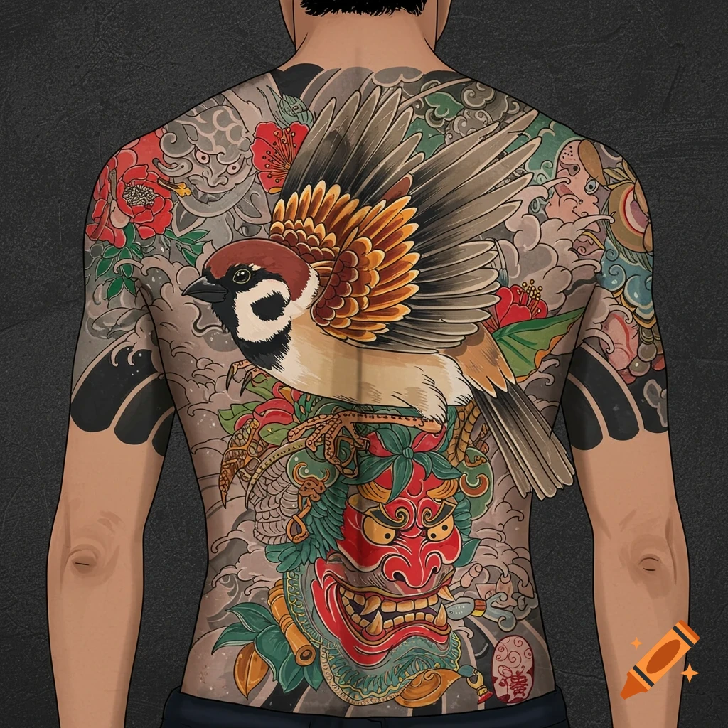 Detailed Japanese back tattoo with a sparrow, red demon mask, clouds, and flowers.