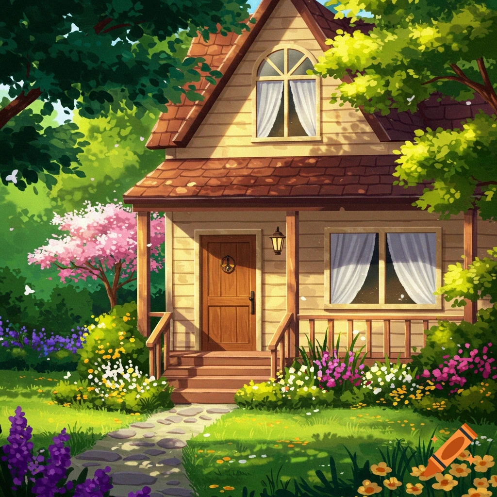 A quaint house is pictured with a porch, lush spring garden, blooming trees, and a stone path.