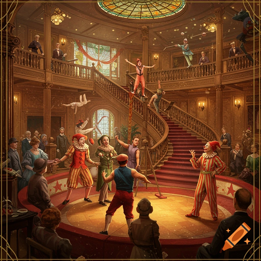 A circus performance is taking place in a grand, ornate historical interior.