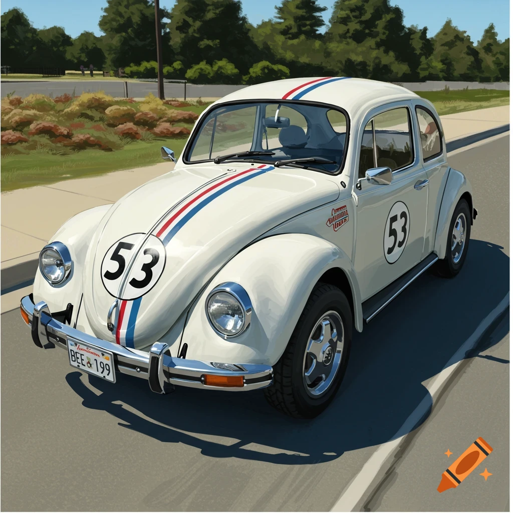 A white Volkswagen Beetle with racing stripes and number 53.